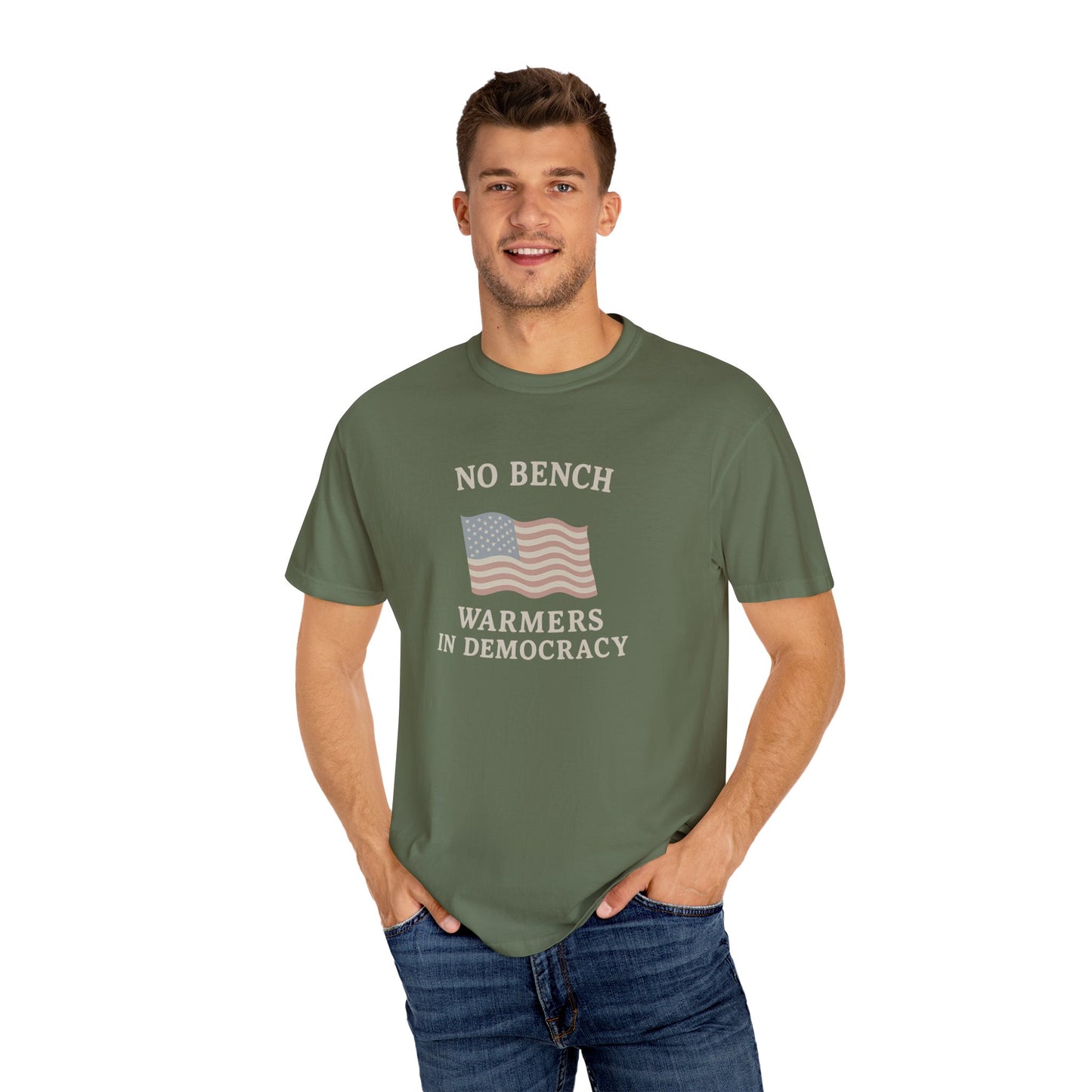 No Bench Warmers in Democracy T-Shirt – Patriotic Unisex Tee, Political Statement Shirt, Election Day Activist Wear